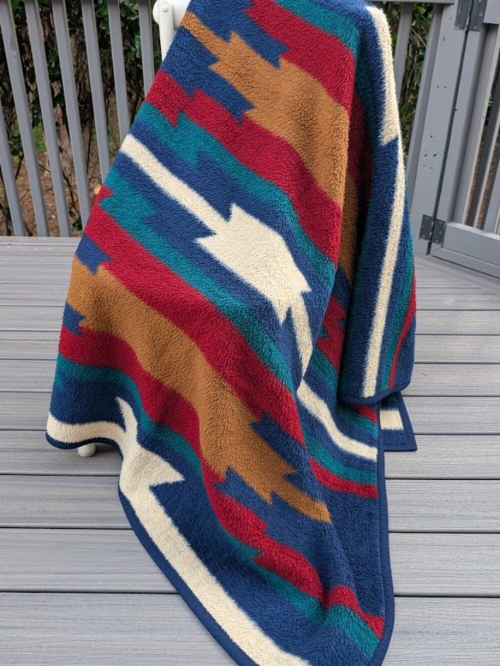 Biederlack Blanket Aztec Southwest Plush Blue Red Green Reversible Vintage